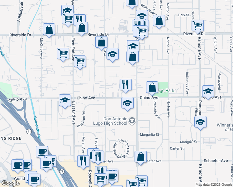 map of restaurants, bars, coffee shops, grocery stores, and more near 13233 Roswell Avenue in Chino