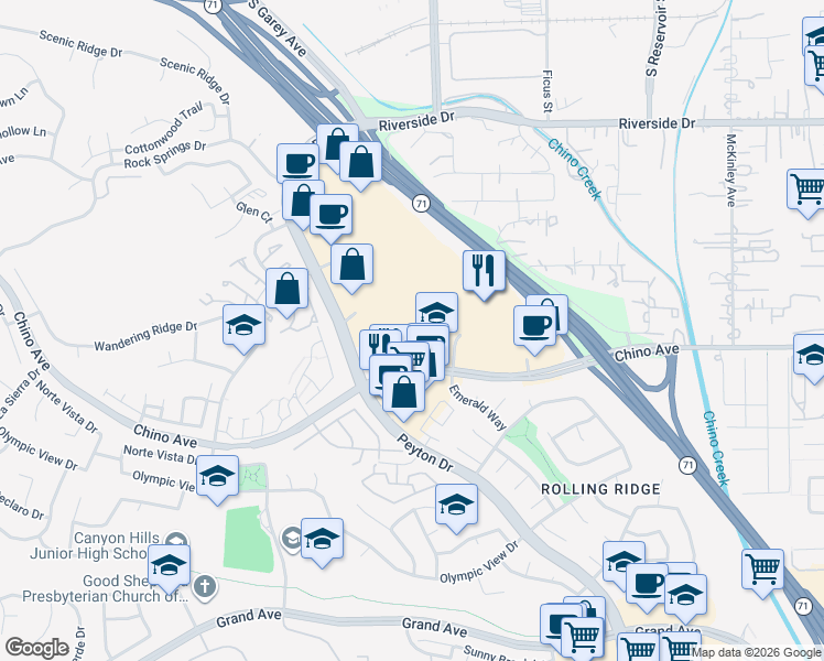 map of restaurants, bars, coffee shops, grocery stores, and more near 2938 Rolling Meadow Drive in Chino Hills