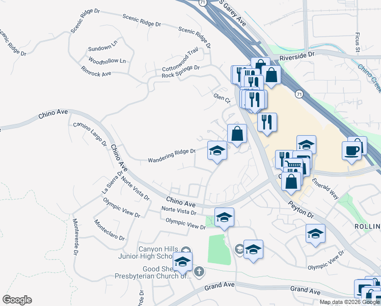 map of restaurants, bars, coffee shops, grocery stores, and more near 2496 Wandering Ridge Drive in Chino Hills