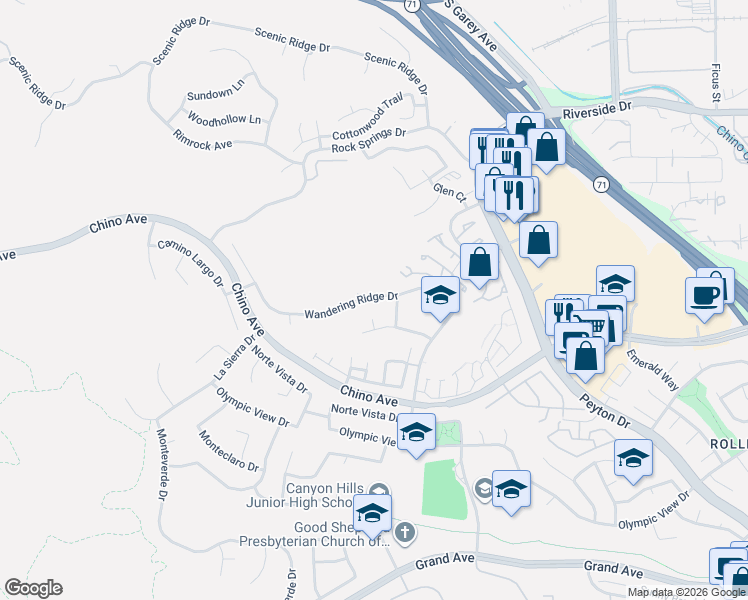 map of restaurants, bars, coffee shops, grocery stores, and more near 2496 Wandering Ridge Drive in Chino Hills