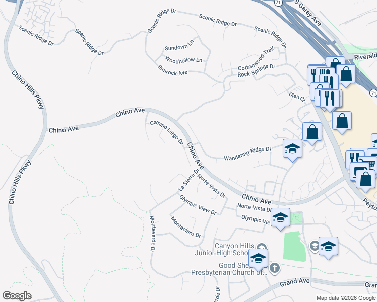 map of restaurants, bars, coffee shops, grocery stores, and more near 2245 Wandering Ridge Drive in Chino Hills