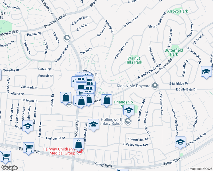 map of restaurants, bars, coffee shops, grocery stores, and more near 19308 Avenida Del Sol in Walnut