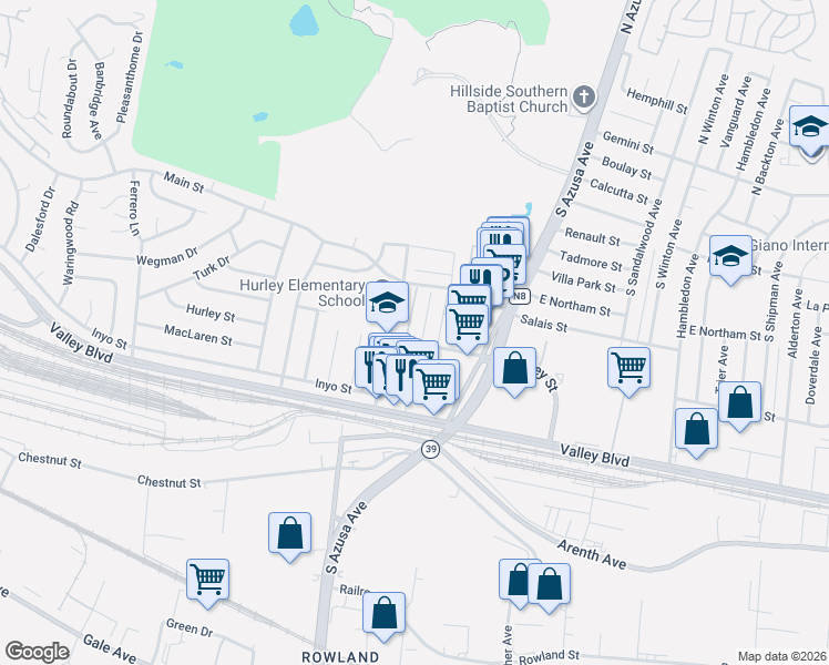 map of restaurants, bars, coffee shops, grocery stores, and more near 539 Leverett Avenue in La Puente