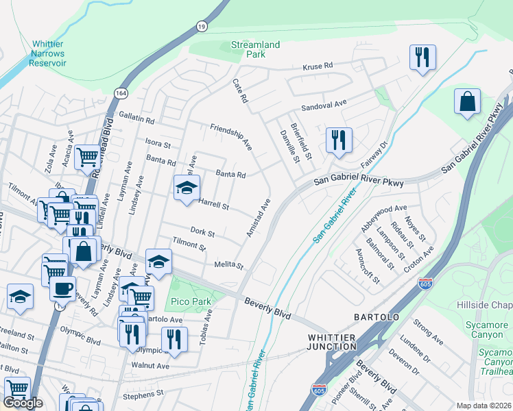 map of restaurants, bars, coffee shops, grocery stores, and more near 4113 Amistad Avenue in Pico Rivera