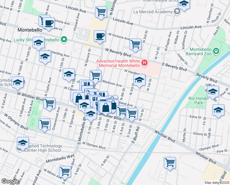 map of restaurants, bars, coffee shops, grocery stores, and more near 233 North 5th Street in Montebello
