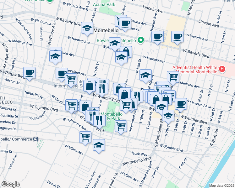 map of restaurants, bars, coffee shops, grocery stores, and more near 1316 Charleston Way in Montebello