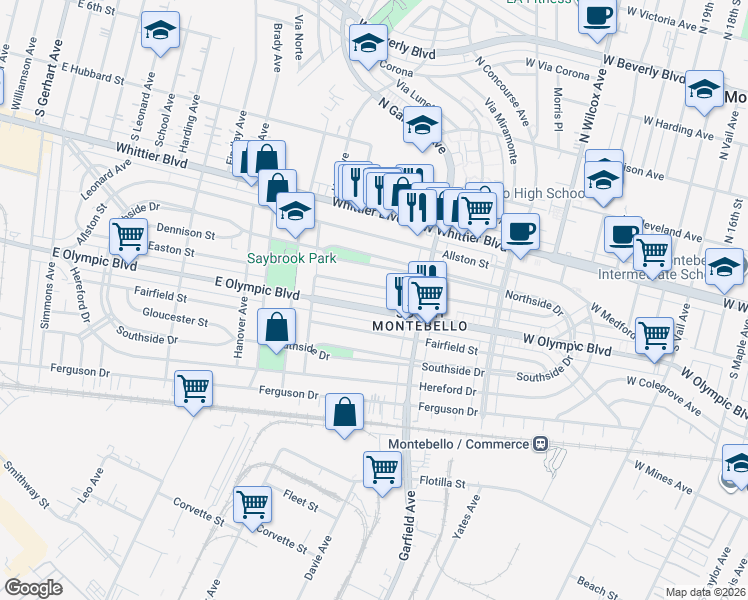 map of restaurants, bars, coffee shops, grocery stores, and more near 6518 East Easton Street in East Los Angeles