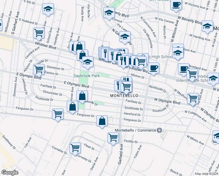 map of restaurants, bars, coffee shops, grocery stores, and more near 6518 East Easton Street in East Los Angeles