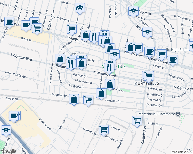 map of restaurants, bars, coffee shops, grocery stores, and more near 1201 Hanover Avenue in East Los Angeles