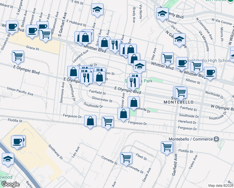 map of restaurants, bars, coffee shops, grocery stores, and more near 6128 East Olympic Boulevard in East Los Angeles