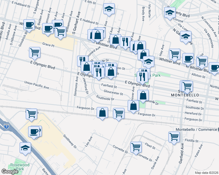 map of restaurants, bars, coffee shops, grocery stores, and more near 6077 Fairfield Street in East Los Angeles