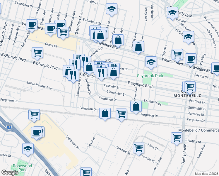 map of restaurants, bars, coffee shops, grocery stores, and more near 6031 Fairfield Street in East Los Angeles