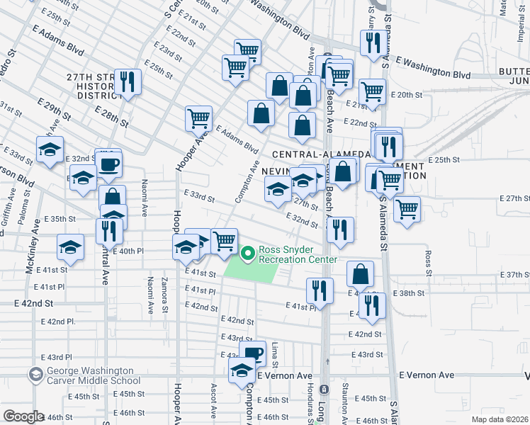 map of restaurants, bars, coffee shops, grocery stores, and more near 1569 East 32nd Street in Los Angeles