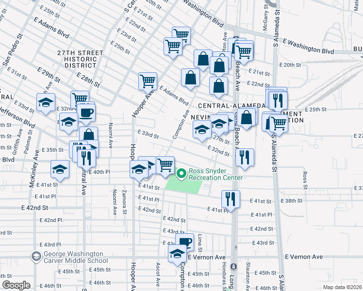 map of restaurants, bars, coffee shops, grocery stores, and more near 1512 East 32nd Street in Los Angeles