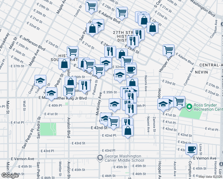 map of restaurants, bars, coffee shops, grocery stores, and more near 975 East Jefferson Boulevard in Los Angeles