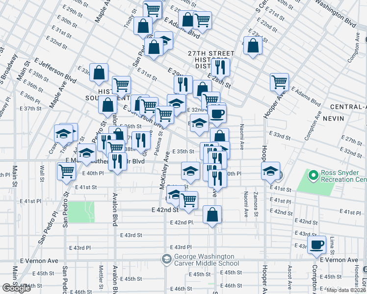 map of restaurants, bars, coffee shops, grocery stores, and more near 3422 McKinley Avenue in Los Angeles