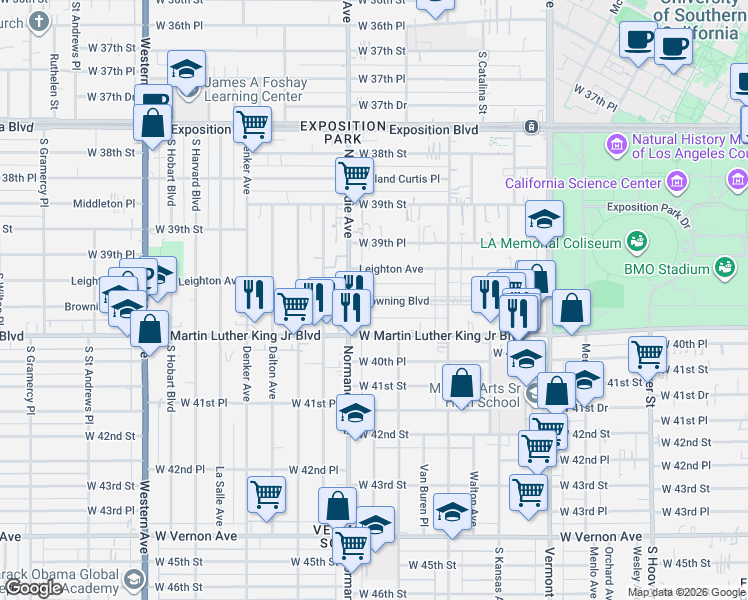map of restaurants, bars, coffee shops, grocery stores, and more near 1253 1/2 Browning Boulevard in Los Angeles