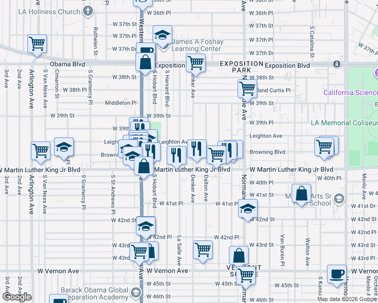 map of restaurants, bars, coffee shops, grocery stores, and more near 3959 Denker Avenue in Los Angeles