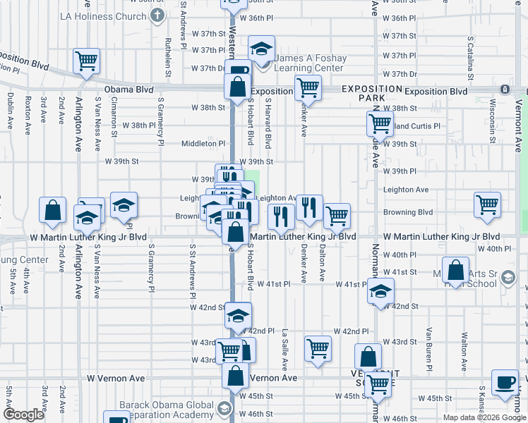 map of restaurants, bars, coffee shops, grocery stores, and more near 3956 South Harvard Boulevard in Los Angeles