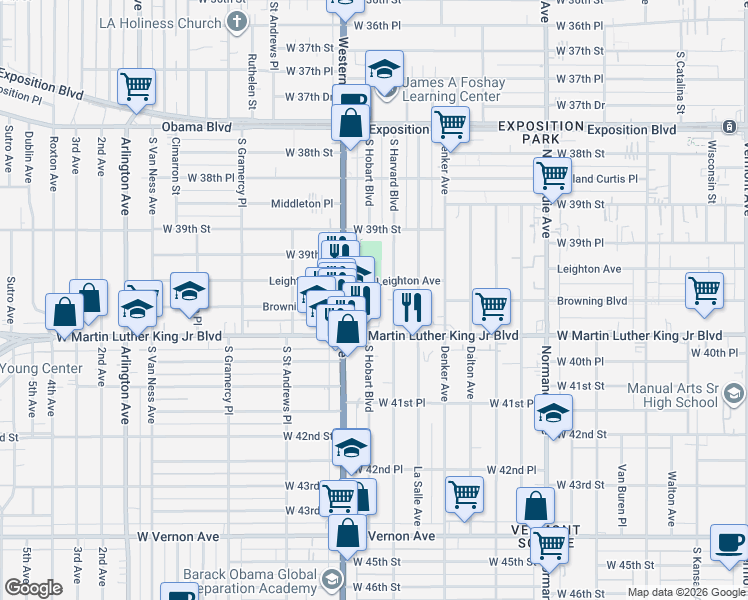 map of restaurants, bars, coffee shops, grocery stores, and more near 3960 Leighton Avenue in Los Angeles