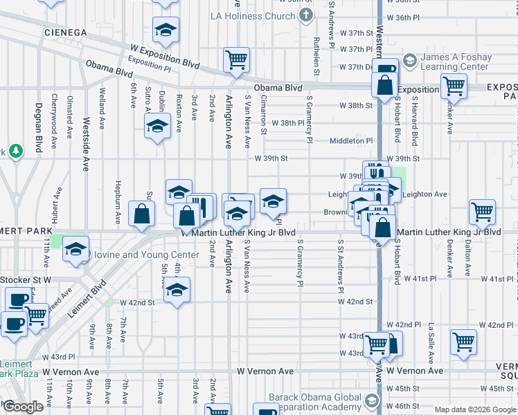 map of restaurants, bars, coffee shops, grocery stores, and more near 3962 South Van Ness Avenue in Los Angeles