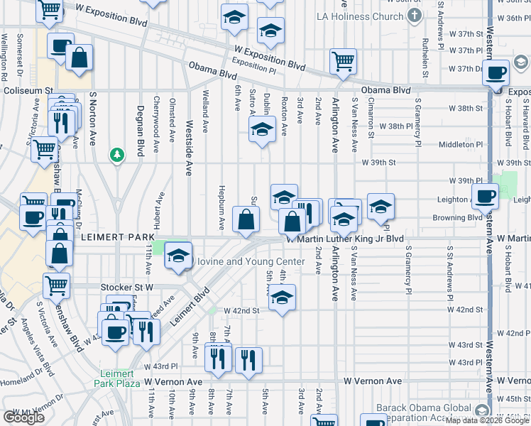 map of restaurants, bars, coffee shops, grocery stores, and more near 3956 Sutro Avenue in Los Angeles