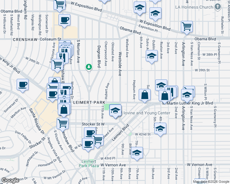 map of restaurants, bars, coffee shops, grocery stores, and more near 3971 Westside Avenue in Los Angeles