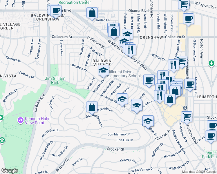 map of restaurants, bars, coffee shops, grocery stores, and more near 4045 Muirfield Road South in Los Angeles