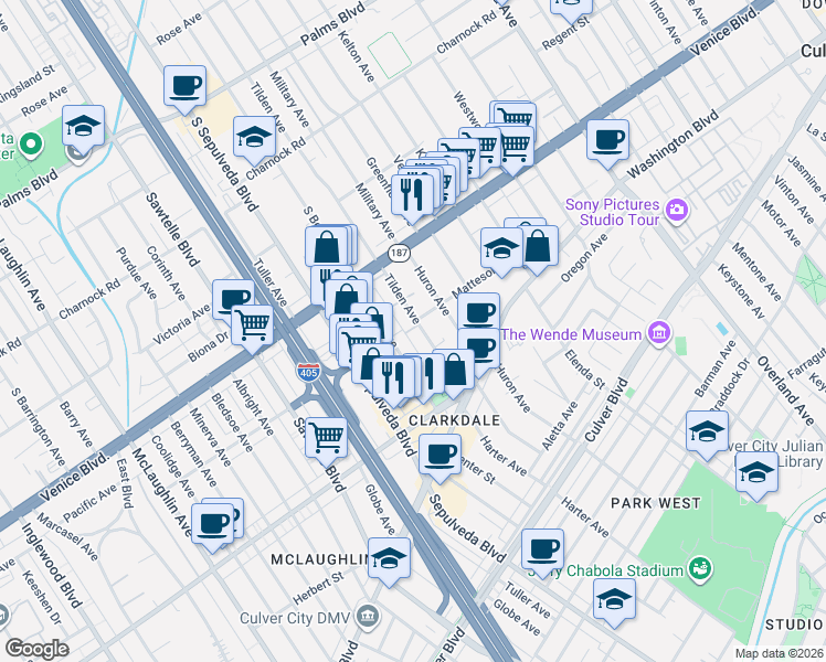 map of restaurants, bars, coffee shops, grocery stores, and more near 11046 Matteson Avenue in Culver City