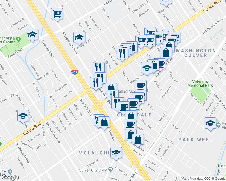 map of restaurants, bars, coffee shops, grocery stores, and more near 3856 Bentley Avenue in Culver City