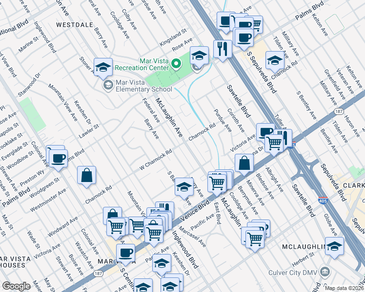 map of restaurants, bars, coffee shops, grocery stores, and more near 3563 McLaughlin Avenue in Los Angeles