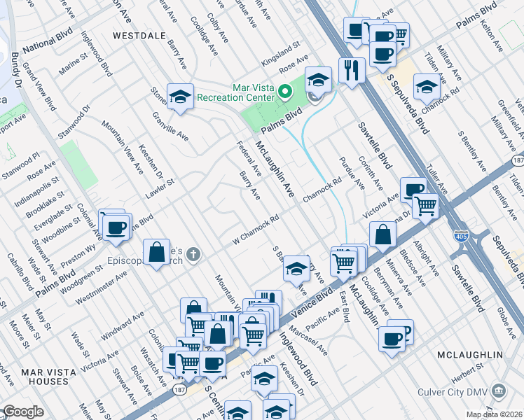 map of restaurants, bars, coffee shops, grocery stores, and more near 3536 Barry Avenue in Los Angeles
