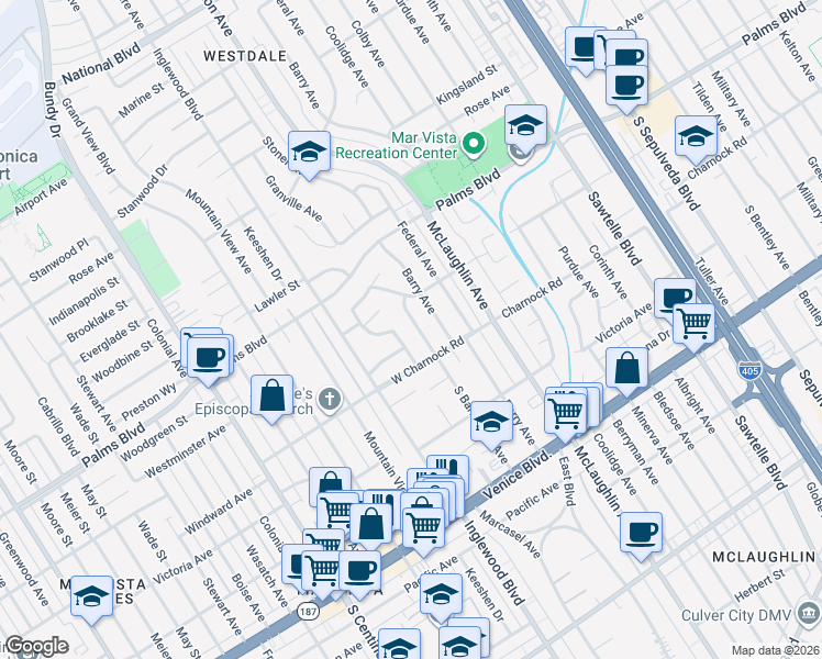 map of restaurants, bars, coffee shops, grocery stores, and more near 3515 South Barrington Avenue in Los Angeles