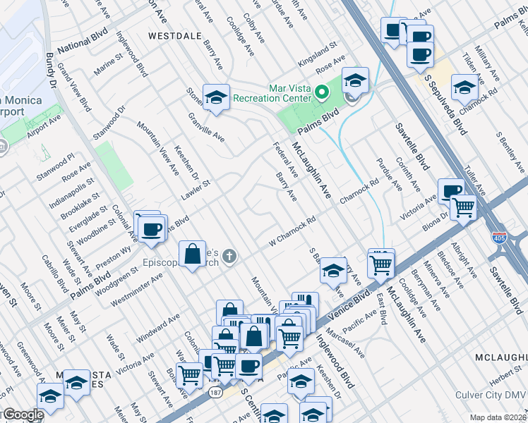 map of restaurants, bars, coffee shops, grocery stores, and more near 11917 Westminster Place in Los Angeles