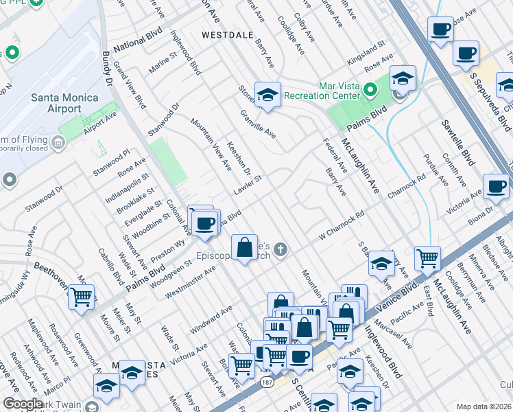 map of restaurants, bars, coffee shops, grocery stores, and more near 12101 Palms Boulevard in Los Angeles