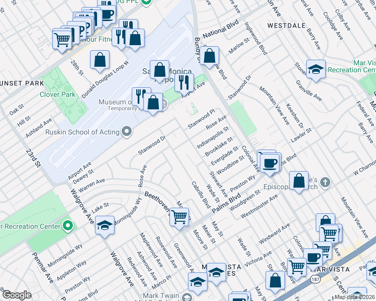 map of restaurants, bars, coffee shops, grocery stores, and more near 12662 Rose Avenue in Los Angeles