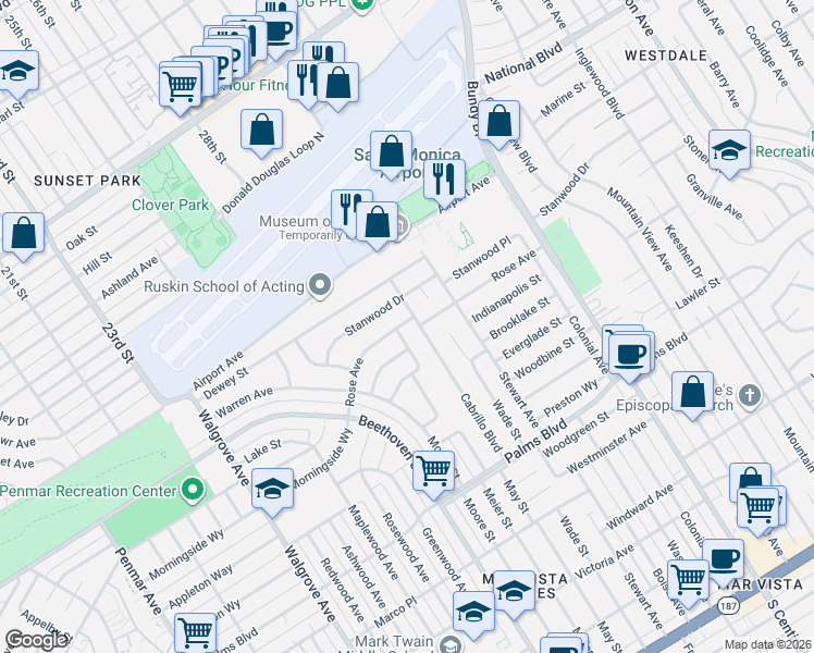 map of restaurants, bars, coffee shops, grocery stores, and more near 12701 Rose Avenue in Los Angeles