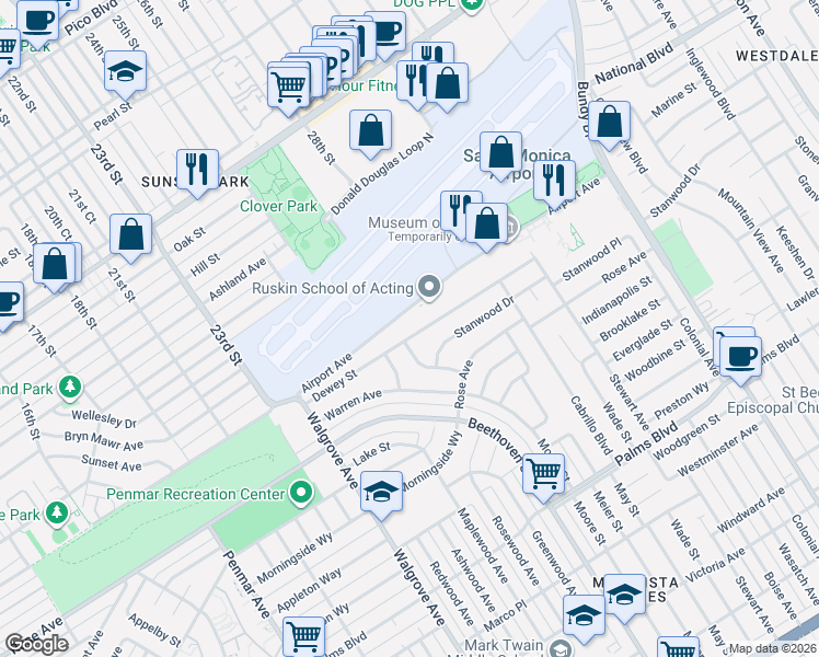 map of restaurants, bars, coffee shops, grocery stores, and more near 3026 Airport Avenue in Santa Monica