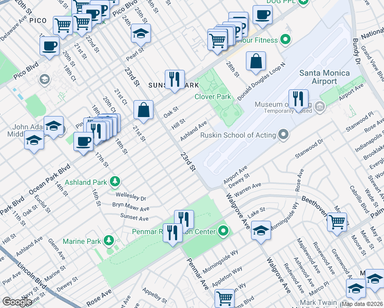 map of restaurants, bars, coffee shops, grocery stores, and more near 2336 Pier Avenue in Santa Monica