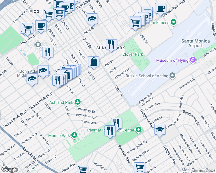 map of restaurants, bars, coffee shops, grocery stores, and more near 2125 Ashland Avenue in Santa Monica