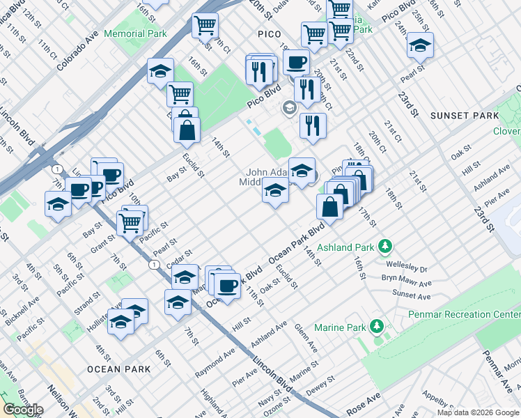 map of restaurants, bars, coffee shops, grocery stores, and more near 1345 Cedar Street in Santa Monica