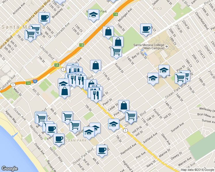 map of restaurants, bars, coffee shops, grocery stores, and more near 1027 Grant Street in Santa Monica