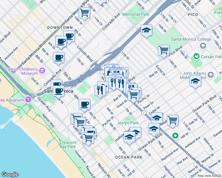 map of restaurants, bars, coffee shops, grocery stores, and more near 1866 California 1 in Santa Monica