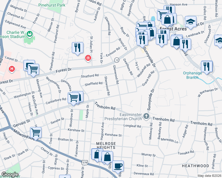 map of restaurants, bars, coffee shops, grocery stores, and more near 2918 Delano Drive in Columbia