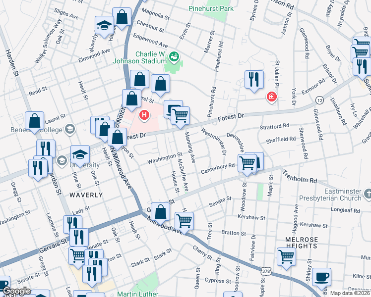 map of restaurants, bars, coffee shops, grocery stores, and more near 2501 Stratford Road in Columbia