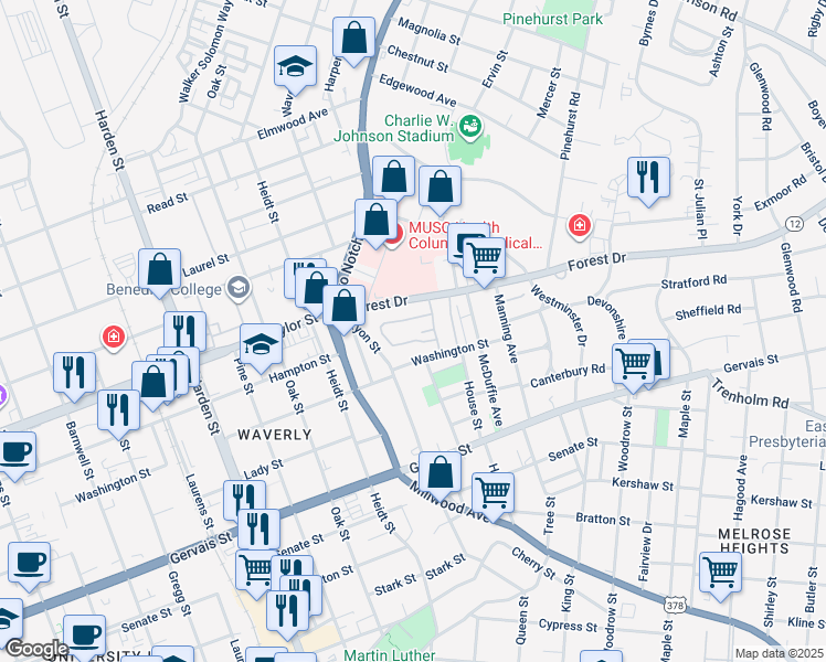 map of restaurants, bars, coffee shops, grocery stores, and more near 2432 Forest Drive in Columbia