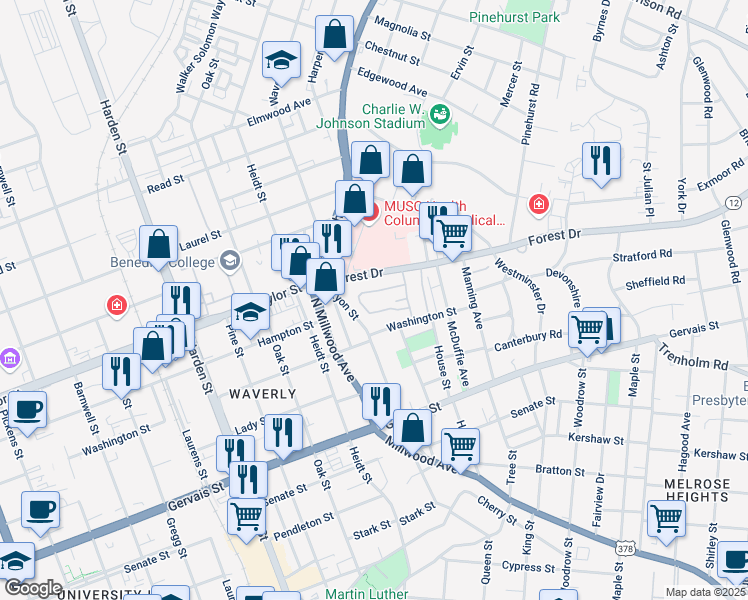 map of restaurants, bars, coffee shops, grocery stores, and more near 2432 Forest Drive in Columbia