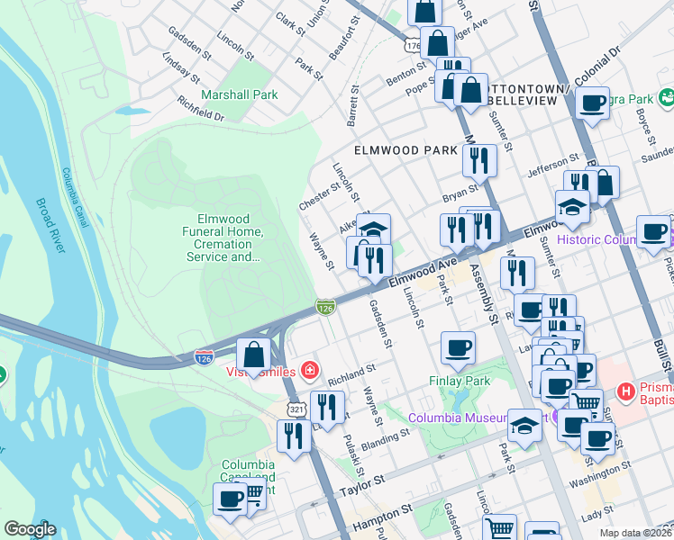 map of restaurants, bars, coffee shops, grocery stores, and more near 2205 Gadsden Street in Columbia