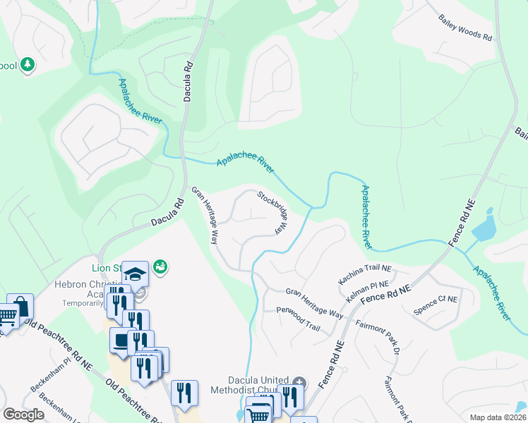 map of restaurants, bars, coffee shops, grocery stores, and more near 2868 Stockbridge Way in Dacula