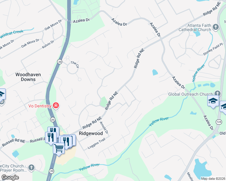 map of restaurants, bars, coffee shops, grocery stores, and more near 1554 Highland Oaks Court in Lawrenceville